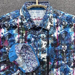 Robert Graham Shirt Men Medium Blue Abstract Floral Embroidered Flip Cuff Button